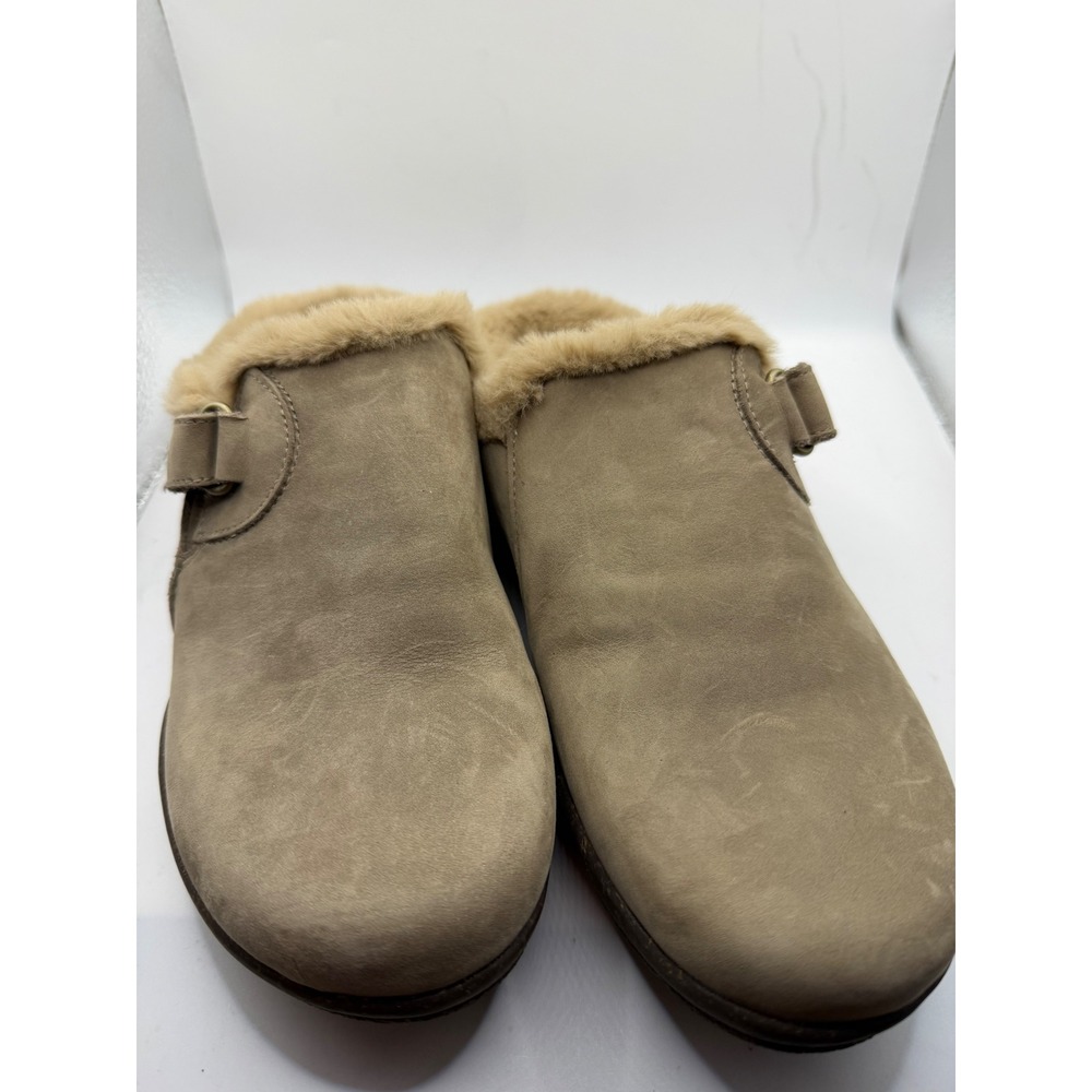 Clarks Collection Roseville Clog Dark Taupe Leather Faux Fur Mules Womens 6 M